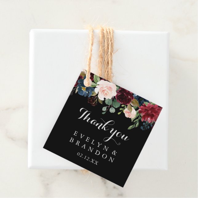 Rustic Black Botanical Wedding Favour Tags (In Situ)