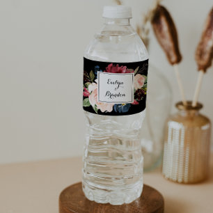 Rustic Black Botanical Wedding Water Bottle Label