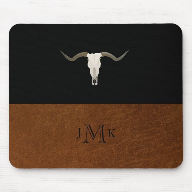 Rustic Black & Brown Leather Image Antler Monogram Mouse Mat (Front)