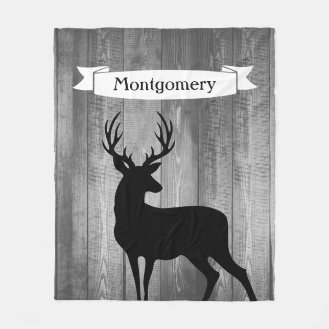 Rustic Black Buck Deer Ribbon Family Name Fleece Blanket (Front)