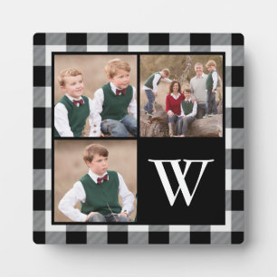 Rustic Black Buffalo Check Monogram Photo Collage Plaque
