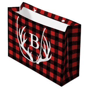 Rustic Black Buffalo Plaid Deer Antlers Initial Large Gift Bag