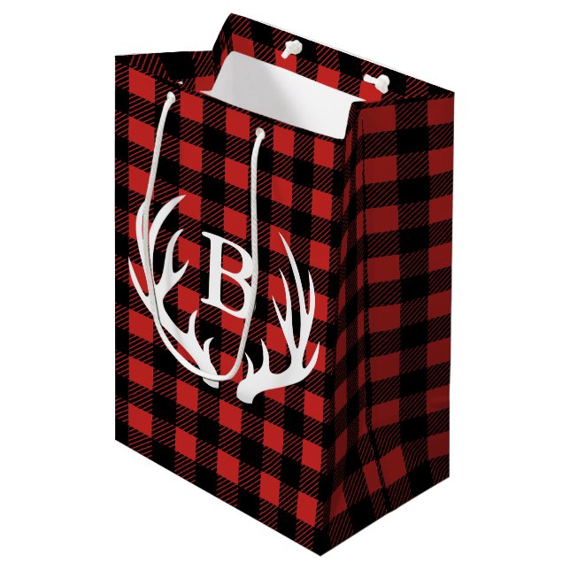 Rustic Black Buffalo Plaid Deer Antlers Initial Medium Gift Bag (Front Angled)
