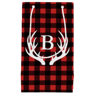 Rustic Black Buffalo Plaid Deer Antlers Initial Small Gift Bag