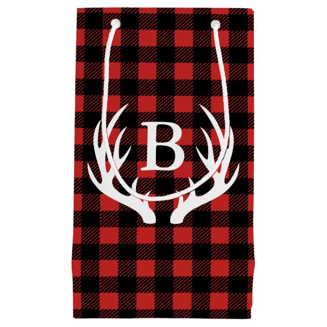 Rustic Black Buffalo Plaid Deer Antlers Initial Small Gift Bag (Front)