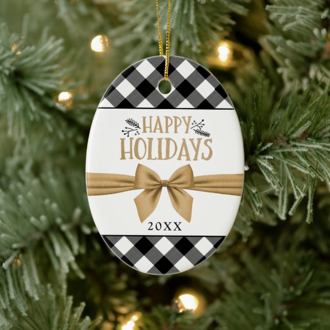 Rustic Black Buffalo Plaid HAPPY HOLIDAYS Photo Ceramic Tree Decoration (Tree)