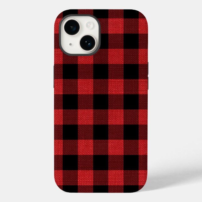 Rustic Black Buffalo Plaid Pattern Red Linen Photo Case-Mate iPhone Case (Back)