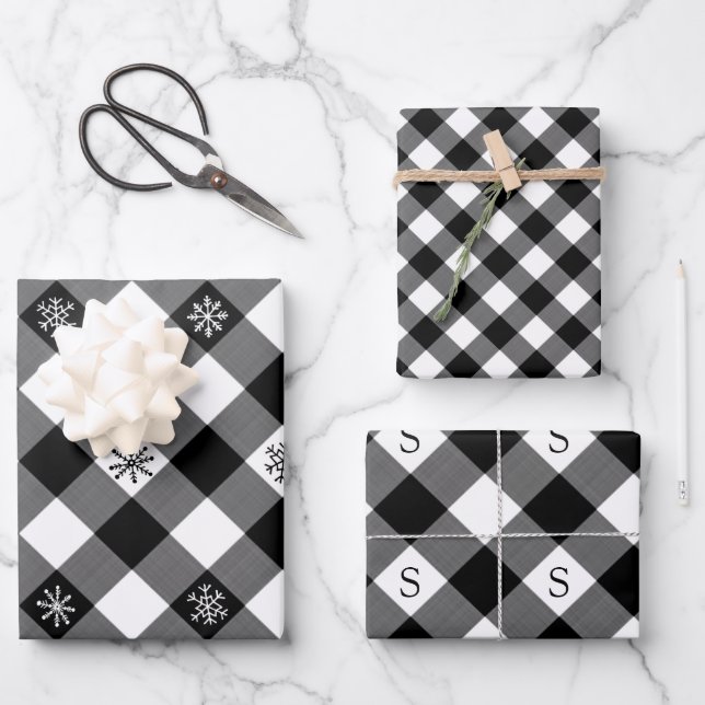Rustic Black Buffalo Plaid Snowflake Monogram Wrapping Paper Sheet (Front)