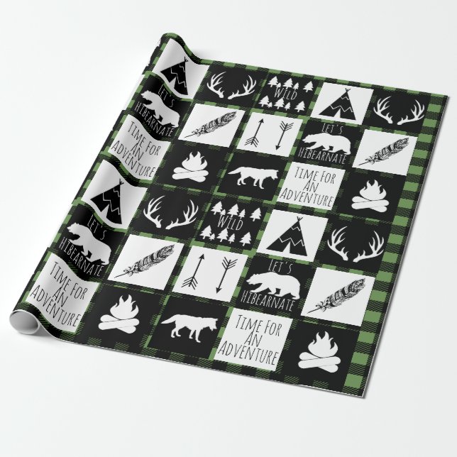 Rustic Black Buffalo Plaid Wilderness Adventure Wrapping Paper (Unrolled)