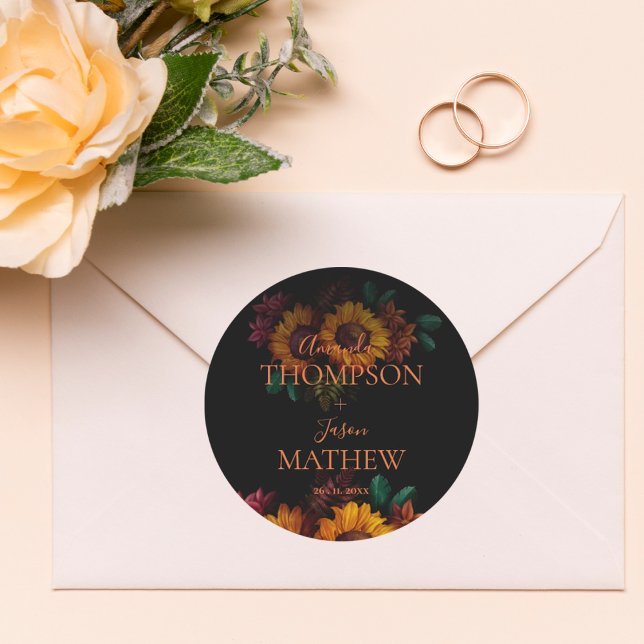 Rustic Black Burnt Orange Pretty Floral Wedding  Classic Round Sticker (Rustic Black Burnt Orange Pretty Floral Wedding Classic Round Sticker)