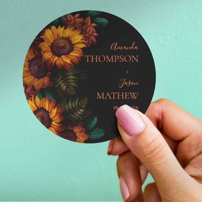 Rustic Black Burnt Orange Pretty Floral Wedding  Classic Round Sticker (Rustic Black Burnt Orange Pretty Floral Wedding Classic Round Sticker)