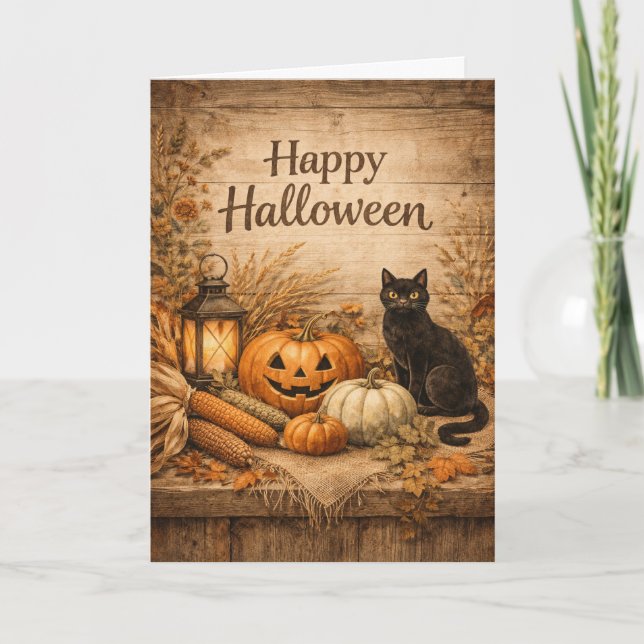 Rustic Black Cat Corn Halloween Card (Front)