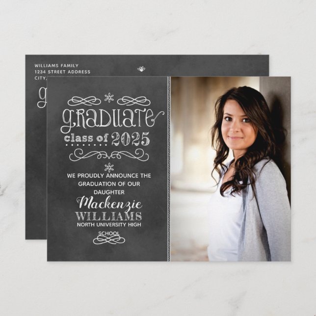 Rustic Black Chalkboard 2025 Graduate Photo Party Invitation Postcard (Front/Back)