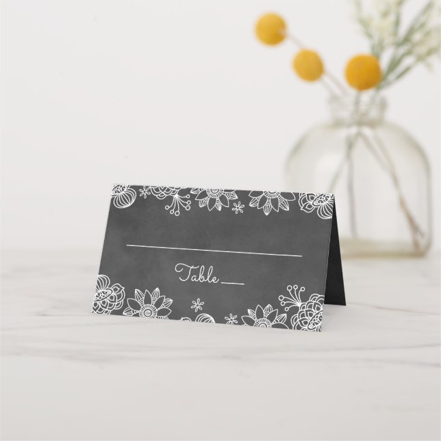 Rustic Black Chalkboard Floral Wedding Monogram Place Card (Front)