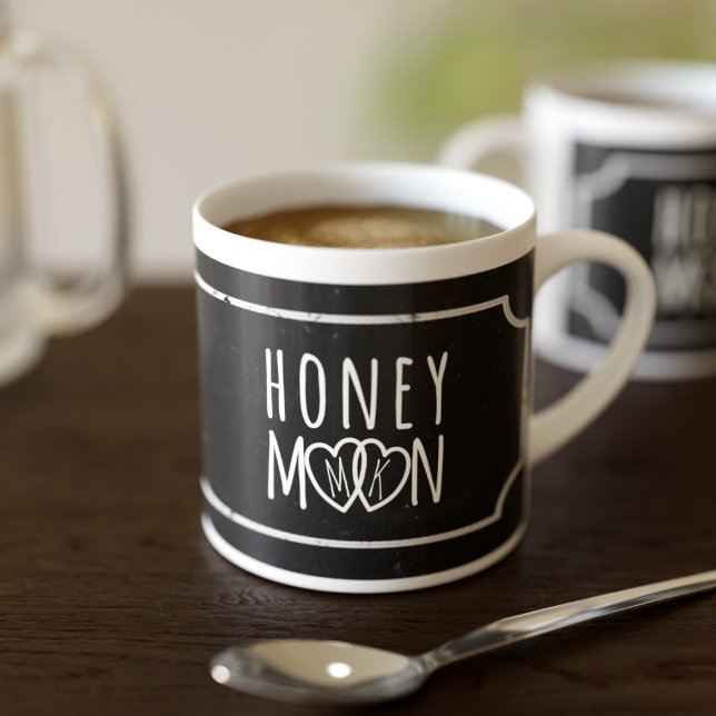 Rustic Black Chalkboard Honeymoon Espresso Cup (Perfect espresso cup for the newlyweds. Just add your initials)