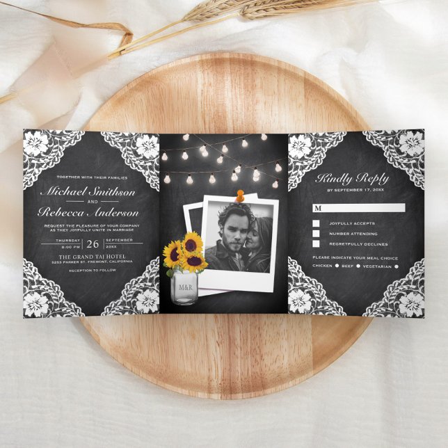 Rustic Black Chalkboard Lace String Lights Wedding Tri-Fold Invitation (Creator Uploaded)
