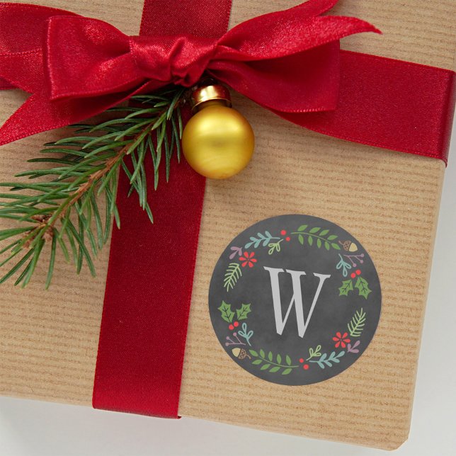 Rustic Black Chalkboard Monogram Holiday Wreath Classic Round Sticker (Creator Uploaded)