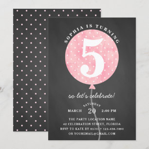 Rustic Black Chalkboard Pink Balloon Girl Birthday Invitation