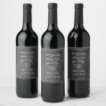 Rustic black chalkboard print personalised wedding wine label<br><div class="desc">Rustic black chalkboard print personalised wedding Wine Label . Cute casual design with interlocking hearts drawing and stylish border. Part of complete set with matching decorations and stationery items.</div>