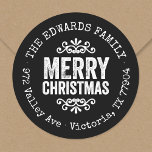 Rustic Black Christmas Circle Return Address Label<br><div class="desc">Affordable custom printed round return address stickers personalised with your family name and return address. This rustic modern holiday design features distressed MERRY CHRISTMAS lettering on a black background. Use the design tools to choose any background colour and edit text fonts and colours to further customise your own unique holiday...</div>