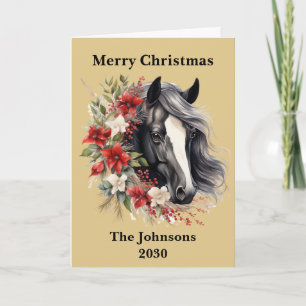 Rustic Black Christmas Horse Wreath Holiday Card