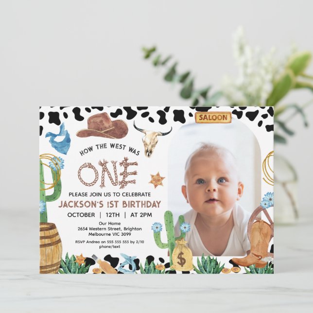 Rustic Black Cow Print Cowboy Rodeo 1st Birthday Invitation (Standing Front)