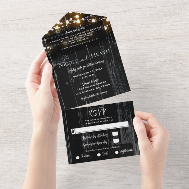 Rustic Black Dark Barn Wood & Lights Wedding  All In One Invitation (Tearaway)