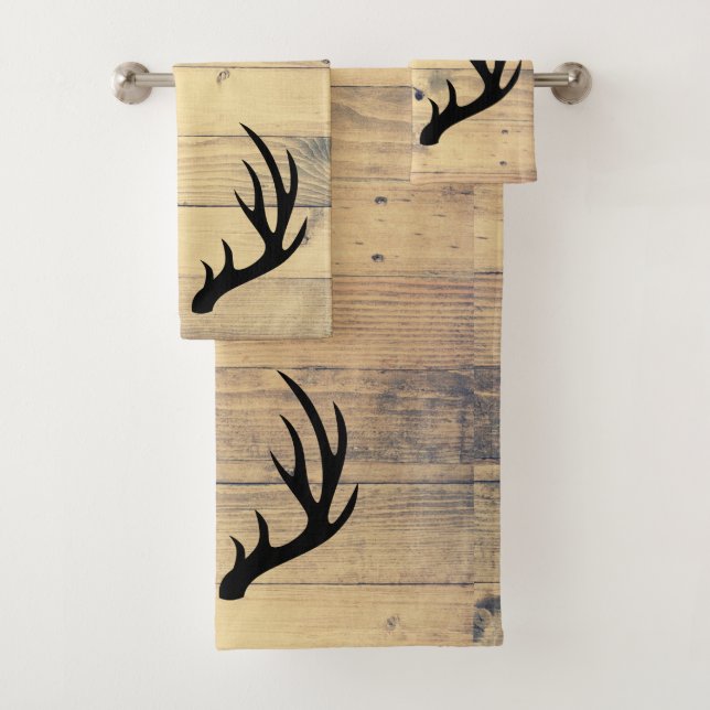 Rustic Black Deer Antlers & Farmhouse Wood Planks Bath Towel Set (Insitu)
