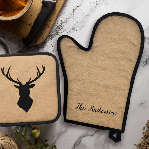 Rustic Black Deer Kraft Family Name Oven Mitt & Pot Holder Set