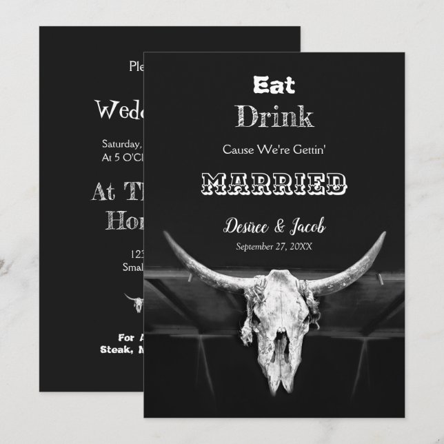 Rustic Black Eat Drink Married Bull Cow Skull Announcement (Front/Back)