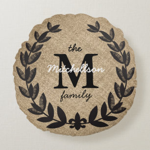 Rustic Black Etched Fleur-de-Lis Laurels Round Cushion