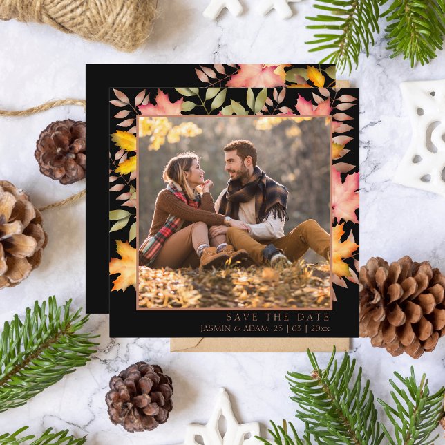 Rustic Black Fall Autumn Leaves Photo Wedding Save The Date (Creator Uploaded)
