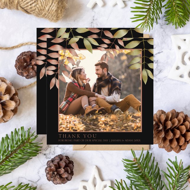Rustic Black Fall Autumn Leaves Photo Wedding Thank You Card (Creator Uploaded)