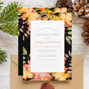 Rustic Black Fall Autumn Leaves Wedding Invitation