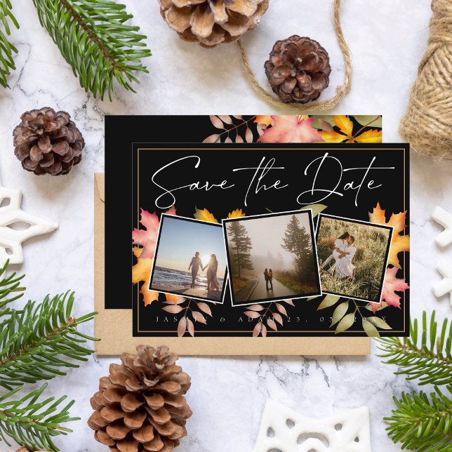 Rustic Black Fall Leaves Three Photo Wedding Save The Date (Creator Uploaded)