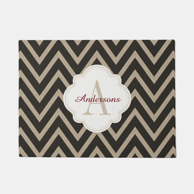 Rustic Black Faux Burlap Chevron Pattern Doormat (Front)