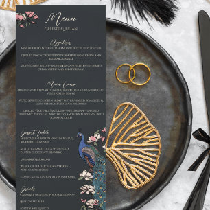 Rustic Black Floral Peacock Bird Wedding Menu