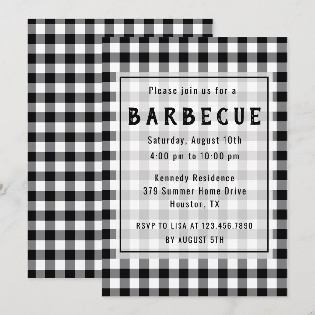 Rustic Black Gingham Farmhouse BBQ Party Invitation (Front/Back)