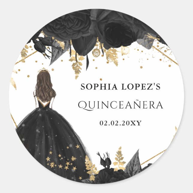 Rustic Black Gold Floral Princess Quinceanera    Classic Round Sticker (Front)