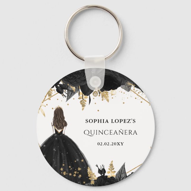 Rustic Black Gold Floral Princess Quinceanera  Key Ring (Front)