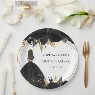 Rustic Black Gold Floral Princess Quinceanera Paper Plate