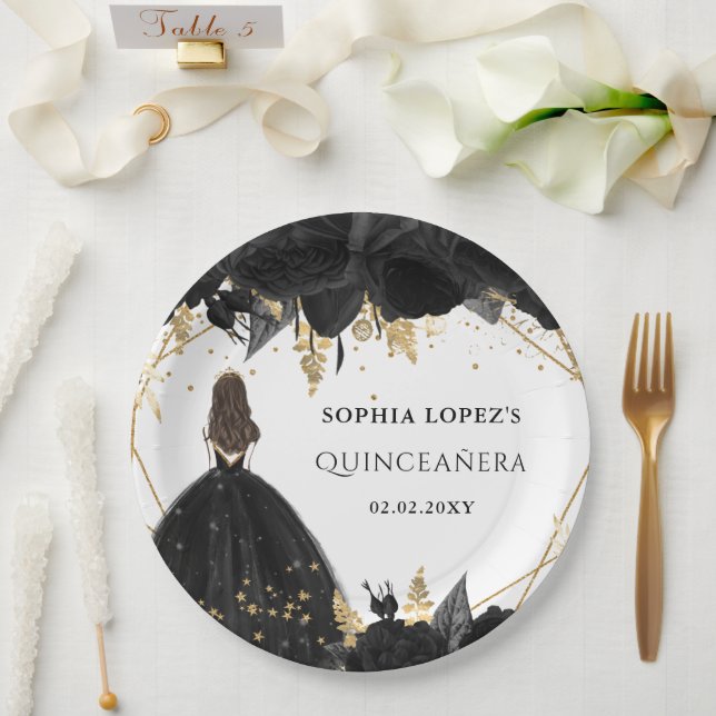 Rustic Black Gold Floral Princess Quinceanera Paper Plate (Wedding)