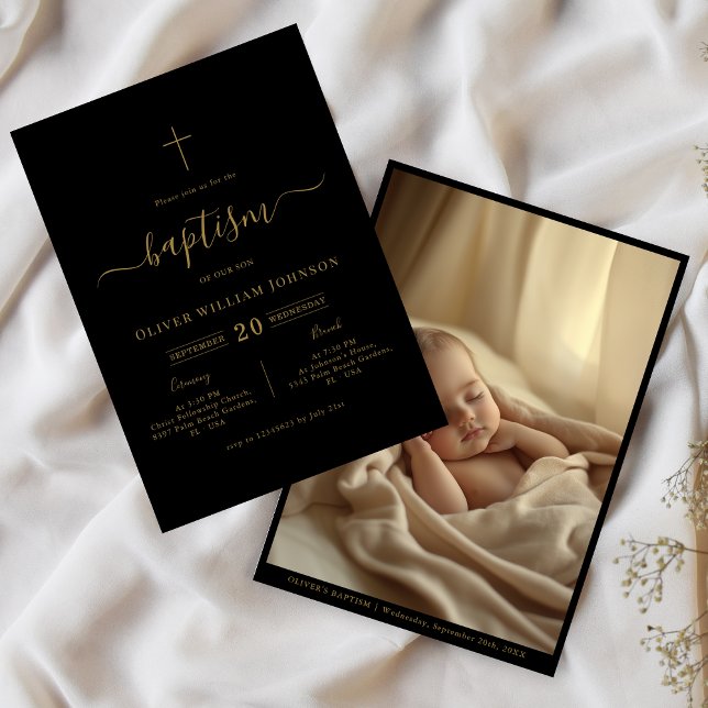 Rustic Black & Gold Photo Gender Neutral Baptism Invitation (Creator Uploaded)