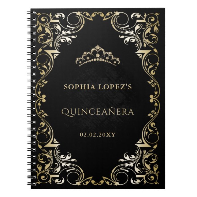 Rustic Black Gold Princess Tiara Quinceanera   Notebook (Front)
