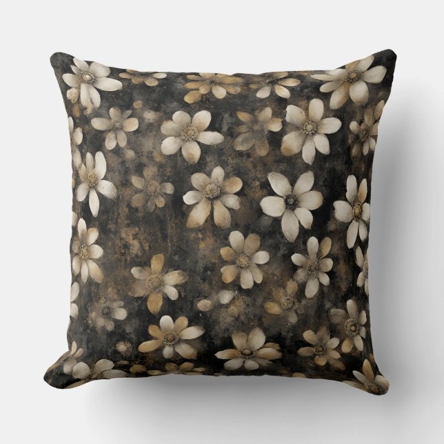 Rustic Black Gold White Floral Print Cushion (Front)