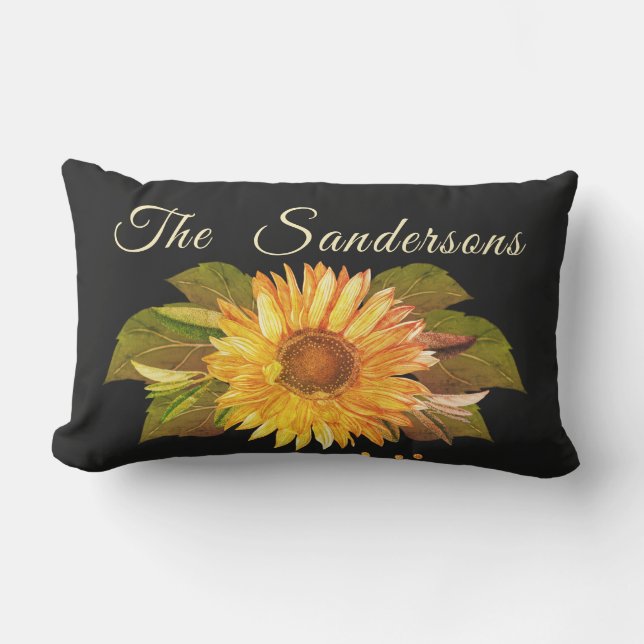  Rustic Black Golden Yellow Sunflower Lumbar Cushion (Front)