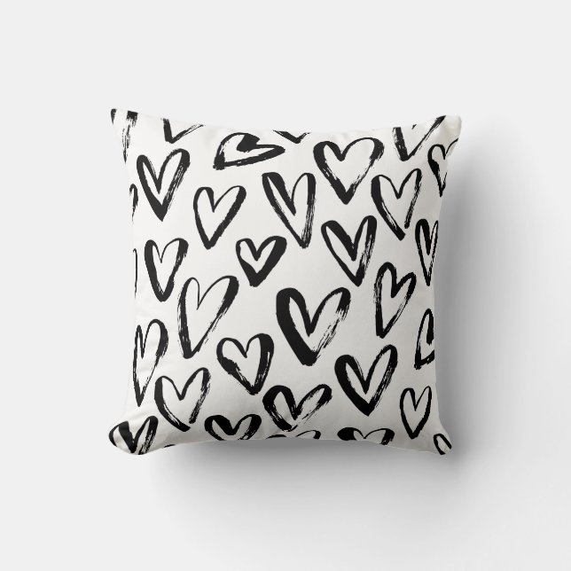 Rustic Black Hearts Monochrome Pattern Cushion (Front)