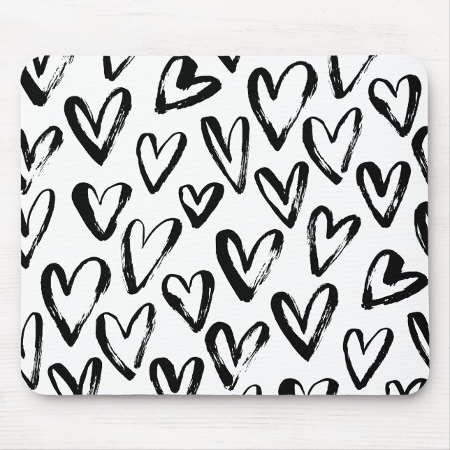 Rustic Black Hearts Monochrome Pattern Mouse Mat (Front)