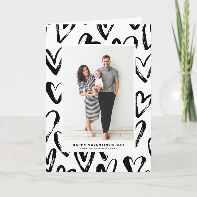 Rustic Black Hearts Pattern Happy Valentine's Day Holiday Card (Front)