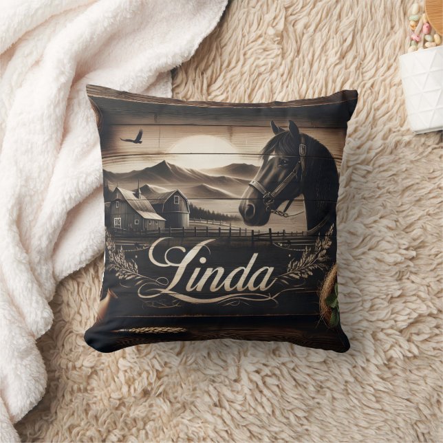 Rustic Black Horse Portrait at Sunset Landscape Cushion (Blanket)